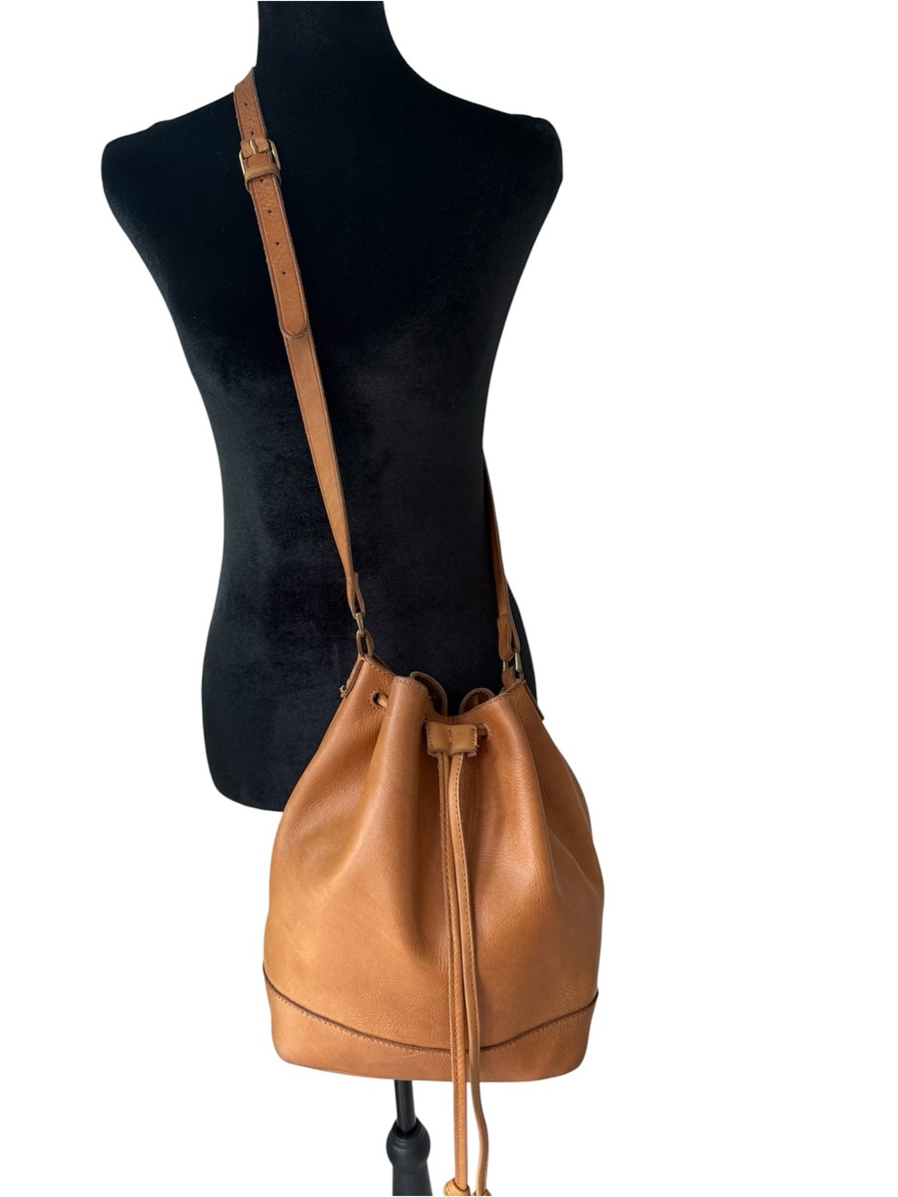 Madewell Tan Brown Leather Bucket Drawstring Bag Brown Purse Crossbody Shoulder - Picture 5 of 16